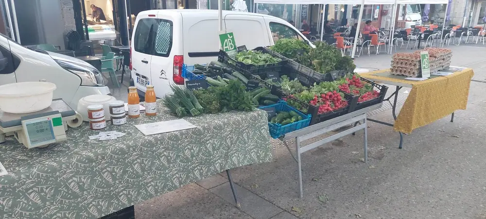 L'étal du marché sous le panneau AB : courgettes, radis, salades, concombres, blettes et bocaux.